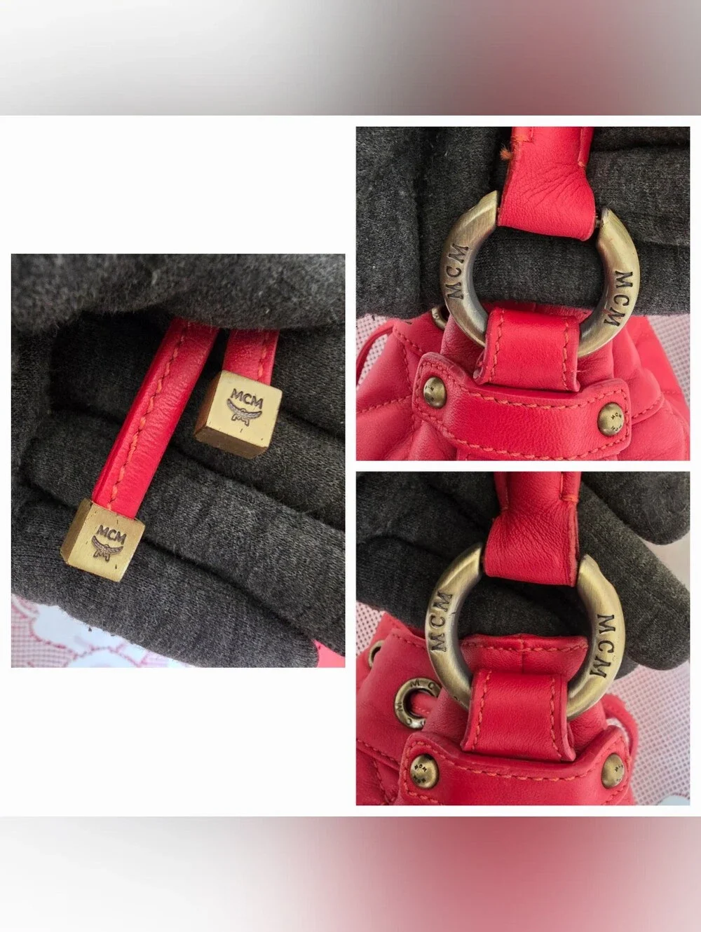 MCM Red Drawstring Bucket Quilted Handbag Satchel AUTHENTIC